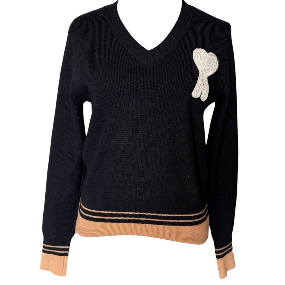 Ami Paris Black Tan V Neck Sweater Ami de Cœur Heart S